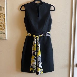 Tahari V Neck Dress with Floral Sash Belt